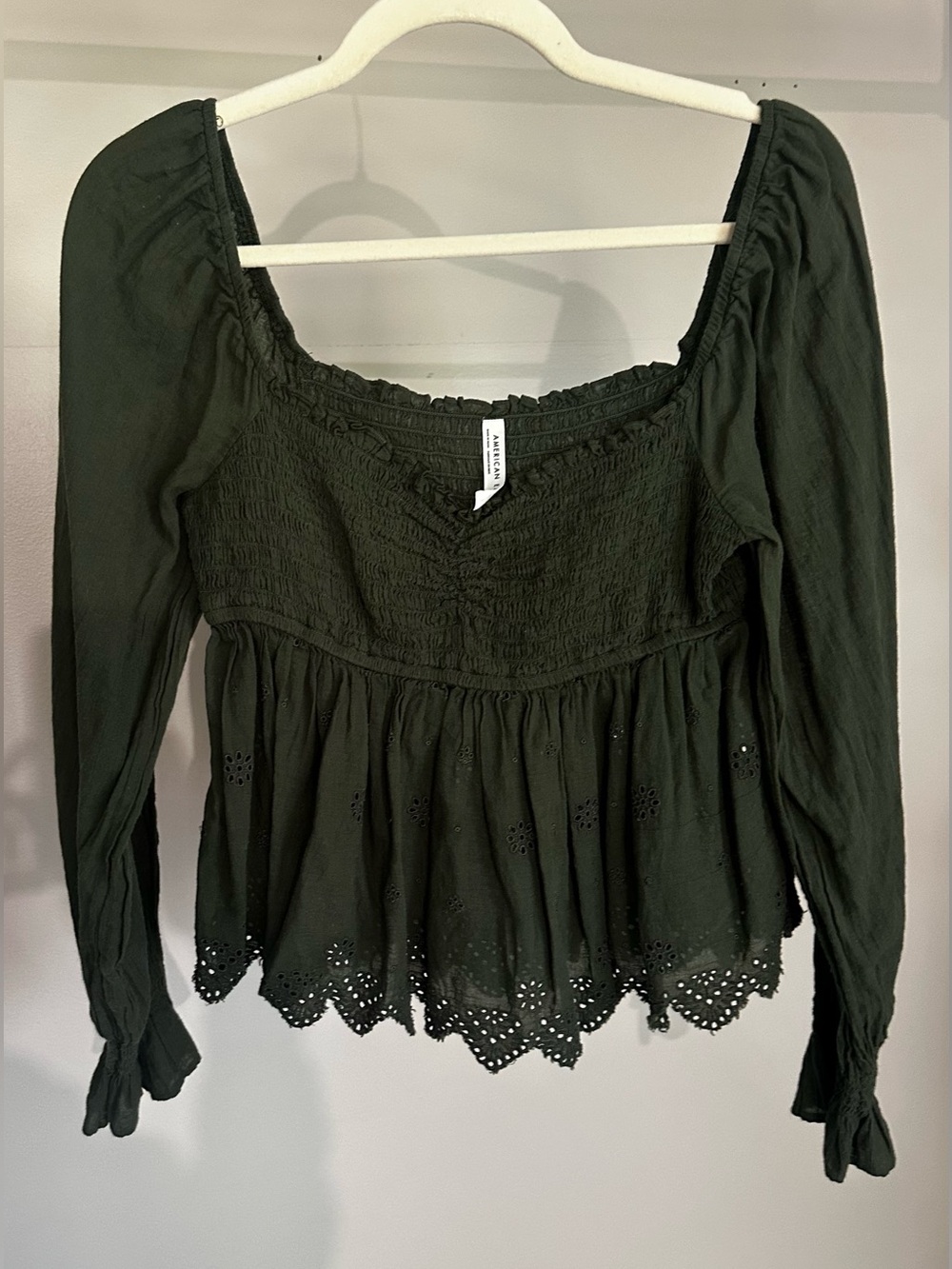 American Eagle Outfitters Dark Green Smocked Eyelet Peasant Top